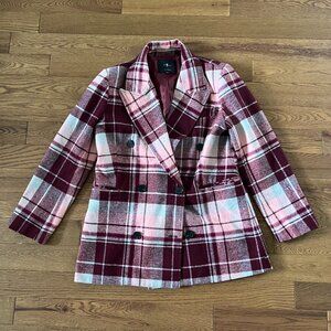 7 For All Mankind Plaid Maroon Wool-Blend Peacoat Blazer Jacket | Size M